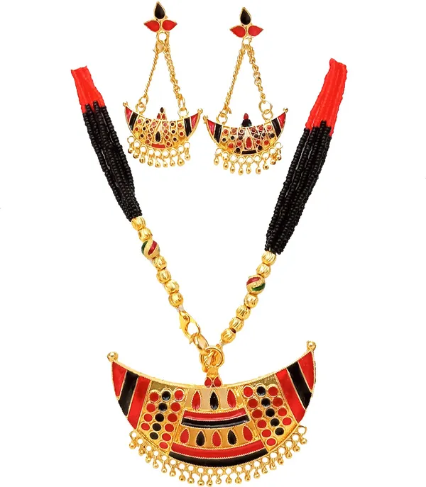 Assamese_Traditional_Gold_Plated_Red_Black_Colour_Joonbiri_Tassel_Jewellery_Set_For_Women